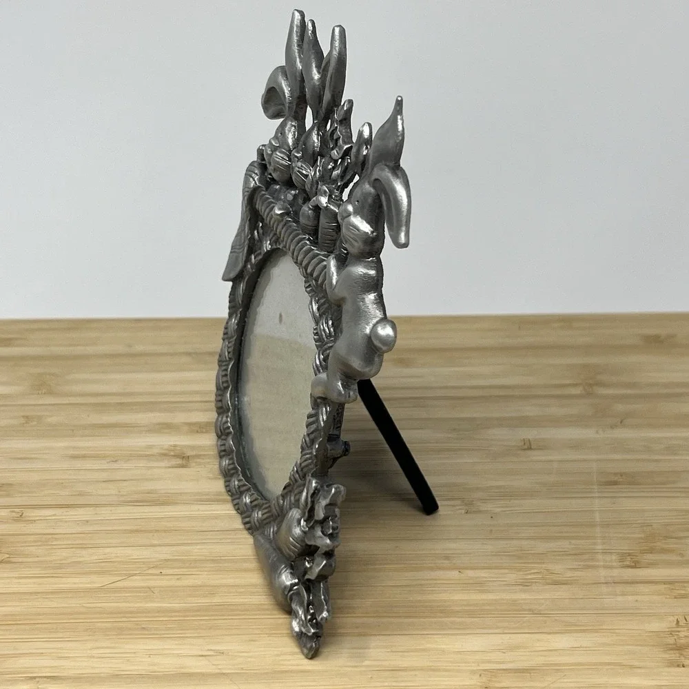 Pewter Easter Bunny Rabbit Picture‎ Frame Carrot Basket weave Heavy 5